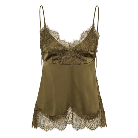 Militærgrøn Gestuz camisole top i genanvendt polyester med fine gennemsigtige blonder og justerbare stropper