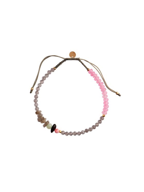 Stine A Harmony Bracelet with Calm Grey & Pink Gemstones and Khakigrey Ribbon