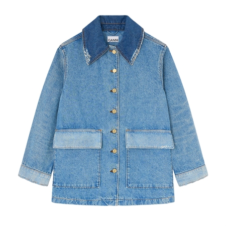 Ganni Patchwork Denim Midi Jacket Mid Blue Vintage