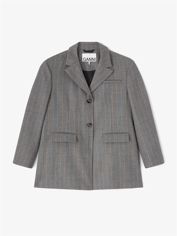 Ganni Wool Stripe Blazer Pewter Melange