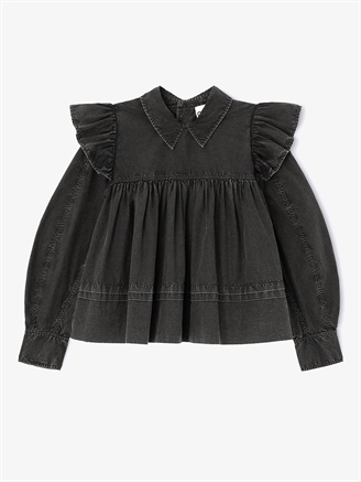 Ganni Garment Dyed Cotton Frill Blouse Black