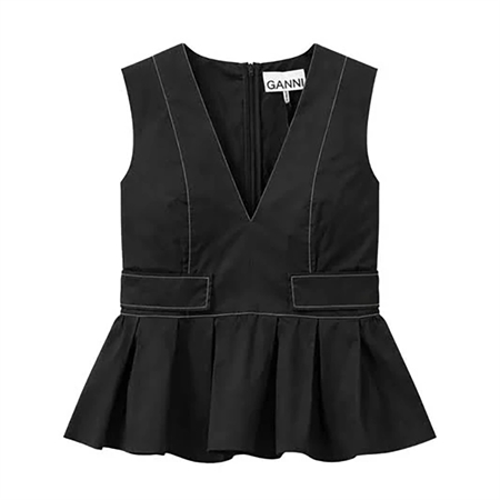 Ganni Stretch Cotton V-neck Pocket Blouse Black