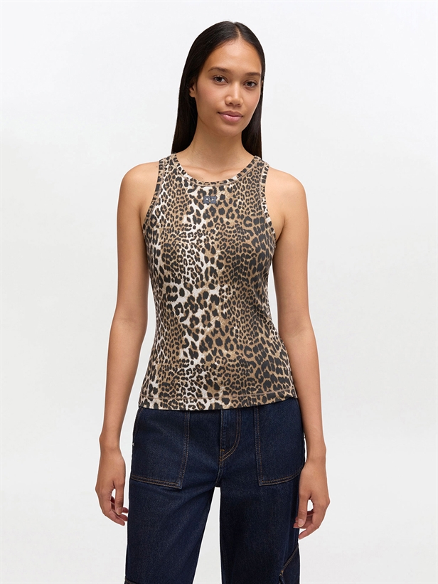 Ganni Soft Cotton Rib Tank Top Leopard