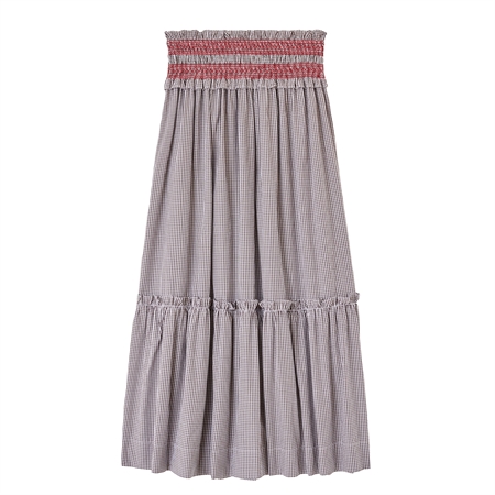 GANNI Check Cotton Smocked Waist Long Skirt Chicory Coffee