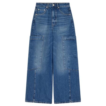 Ganni Rigid Denim Baggy Cargo Jeans Mid Blue Stone 