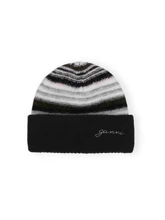 Ganni A6306 Striped Soft Wool Beanie Black