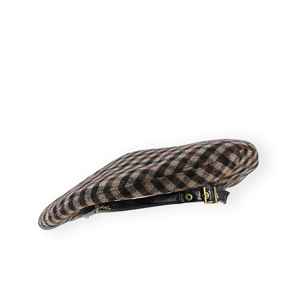 Ganni A6669 Checked Wool Mix Beret Chicory Coffee