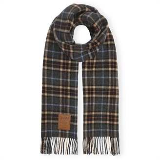 Ganni A6933 Double Face Wool Check Scarf Charcoal Grey