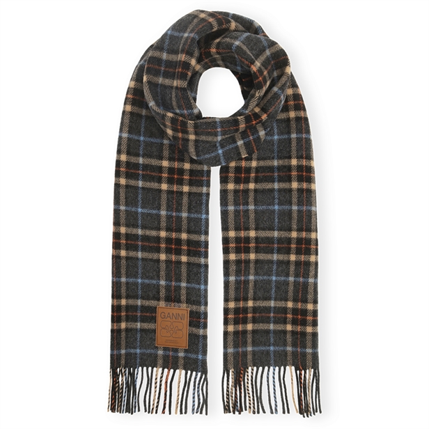 Ganni A6933 Double Face Wool Check Scarf Charcoal Grey