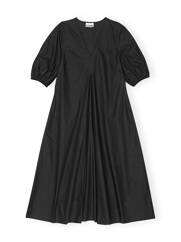 Ganni F8826 Cotton Poplin V-Neck Long Dress Black