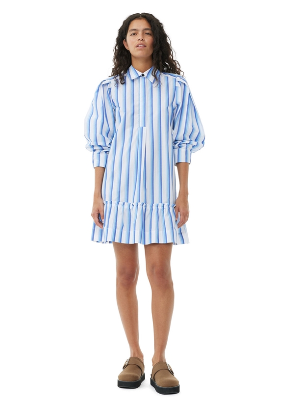 Ganni F9021 Stripe Cotton Mini Shirt Dress Silver Lake Blue