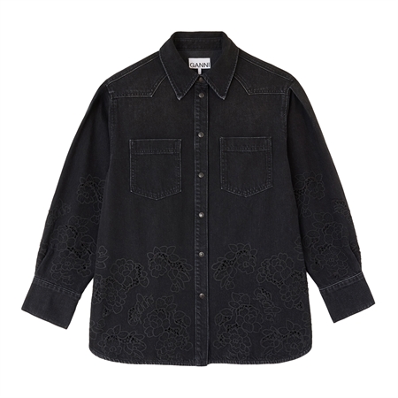 Ganni Broderie Anglaise Denim Loose Shirt Black Washed skjorte til kvinder