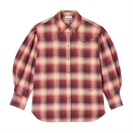 Ganni Cotton Flannel Check Pleated Sleeve Shirt Raspberry Wine skjorte