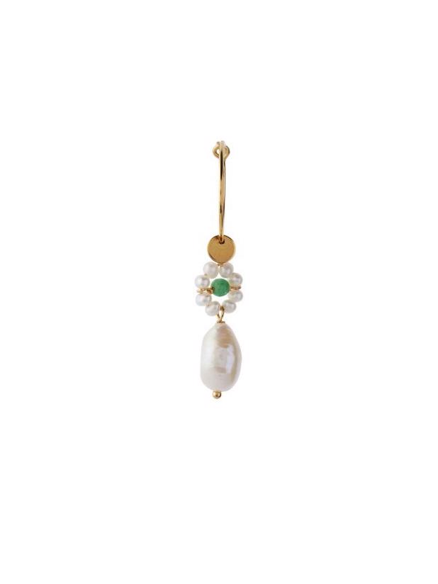 Stine A Heavenly Flower Pearl Hoop with Green Stone & Pearl Guld
