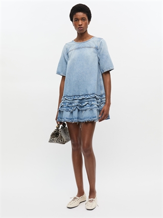 Ganni J1857 Soft Rigid Denim Open Back Frill Mini Dress Light Blue Stone