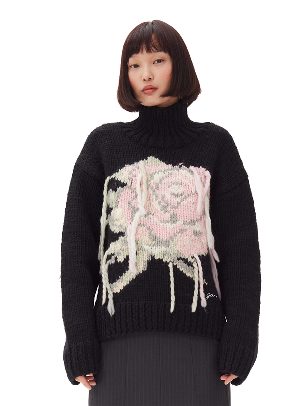 Ganni K2321 Graphic Wool Handknit Turtleneck Black