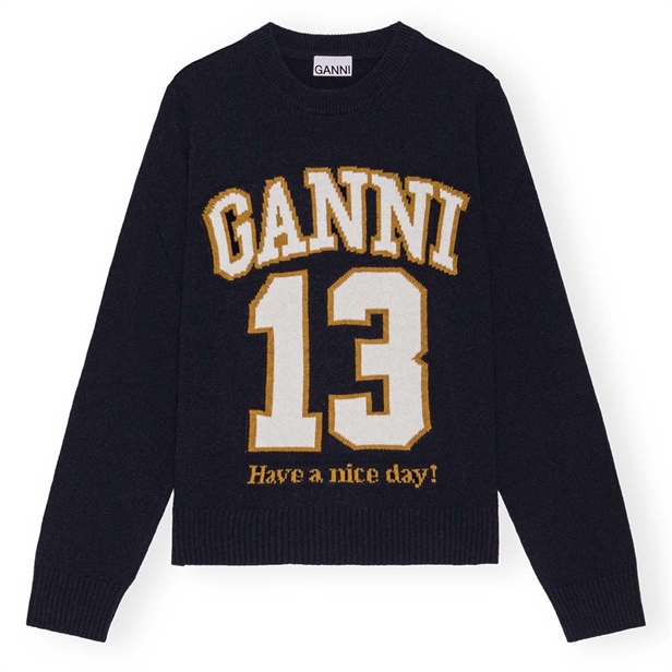 Ganni K2427 Graphic Wool Mix Baseball Crewneck Sky Captain