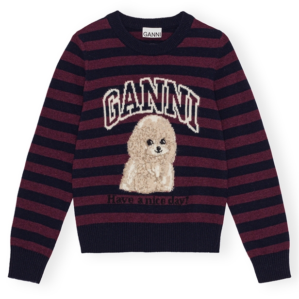 Ganni K2567 Graphic Wool Mix Poodle Stripe Crewneck Multicolour