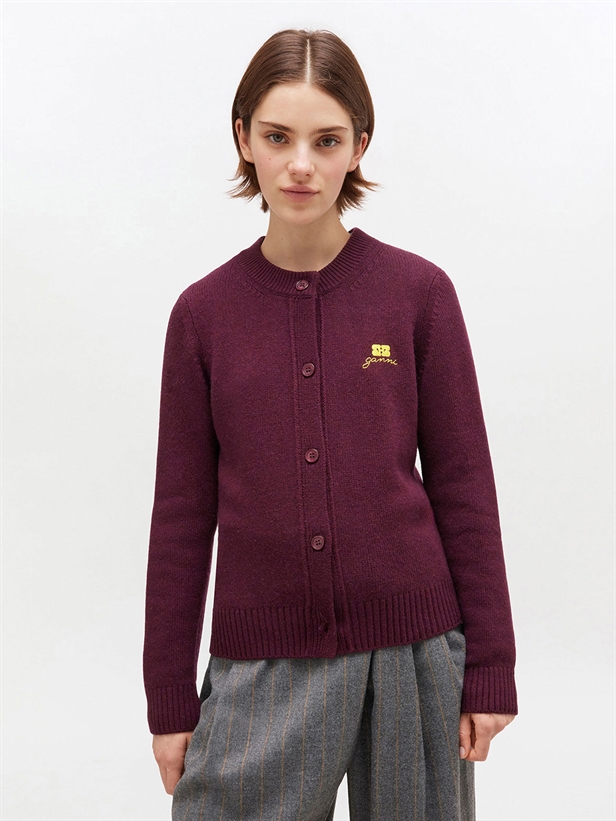 Ganni K2593 Core Future Wool Mix Cardigan Burgundy