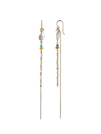 Petit Gemstones and Baroque Pearl Ørering Guld with Long Chain - Sorbet Mix