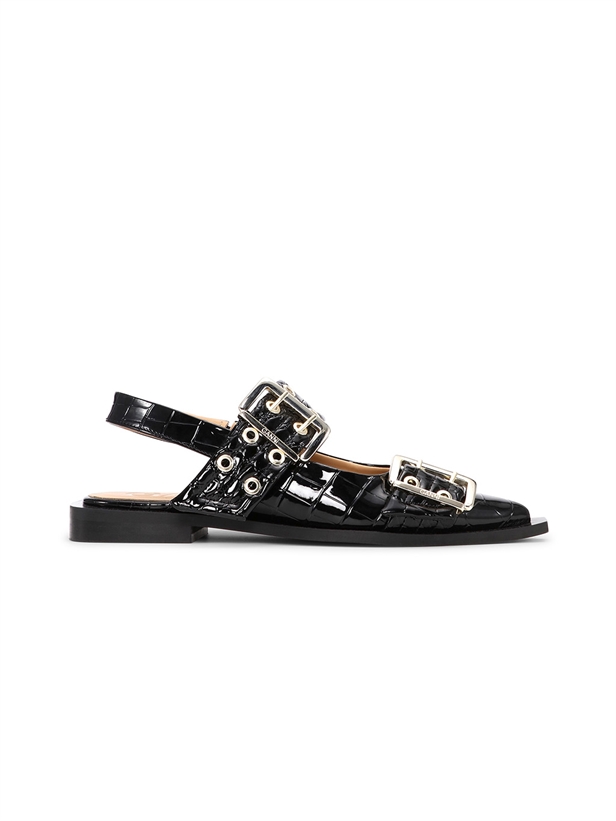 Ganni S2796 Feminine Buckle Ballerina Naplack Croco Black