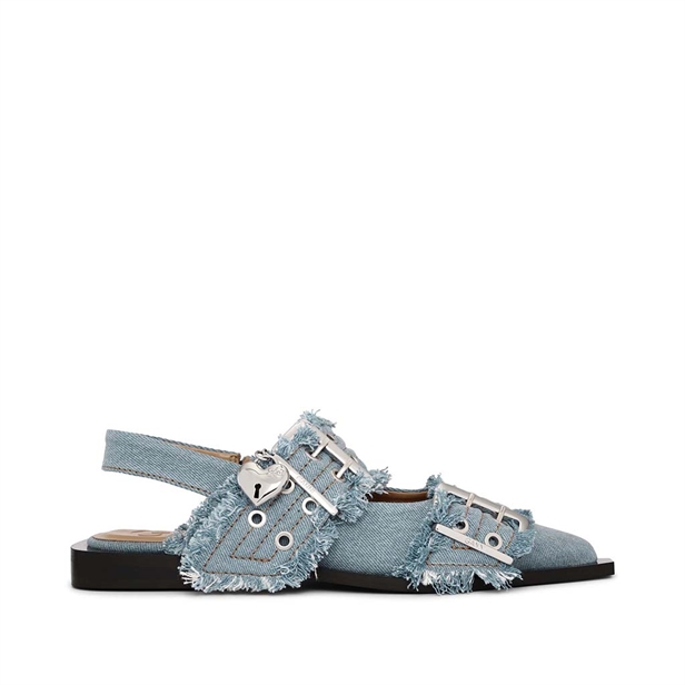 Ganni S2939 Feminine Buckle Ballerina Charms Denim Faded Denim