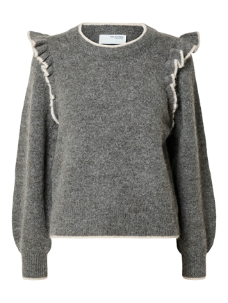 Selected Femme SlfAlva Frills LS Knit O-Neck Medium Grey Melange