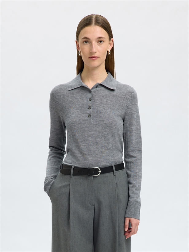 Selected Femme SlfThea LS Knit Merino Collar Neck Medium Grey Melange