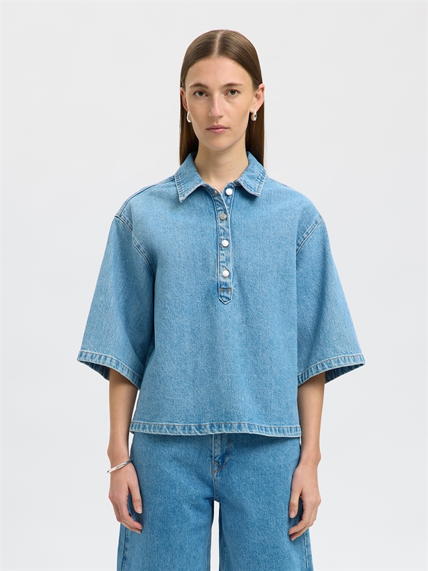 Selected Femme SlfLiva-Kori 2/4 Boxi Polo Denim Shirt Light Blue Denim