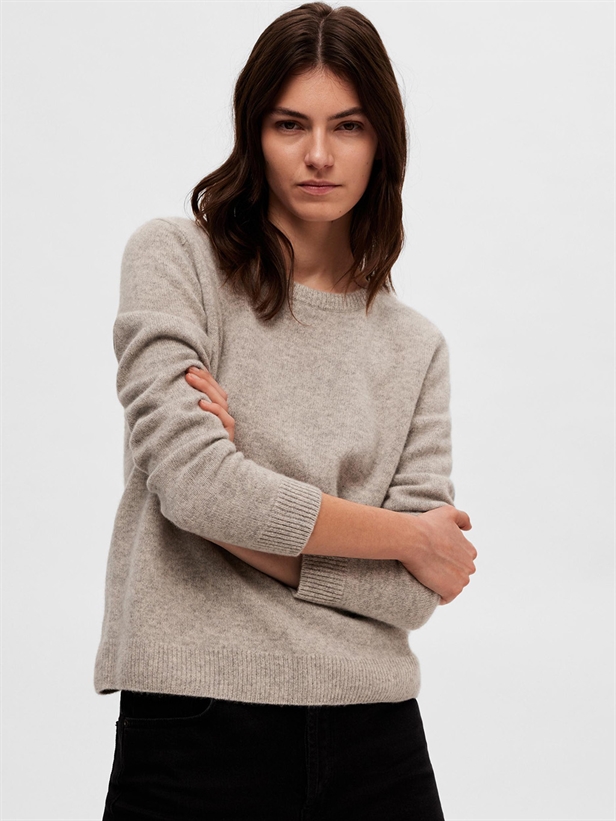 Selected Femme SlfManila LS Knit Cashmere O-Neck Light Grey Melange