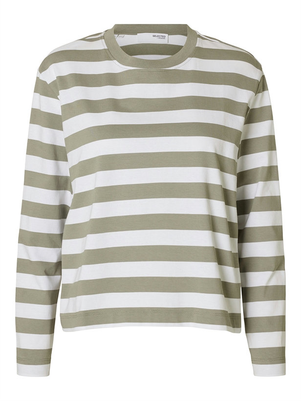 Selected Femme SlfEssential LS Striped Boxy Tee Vetiver/Bright White