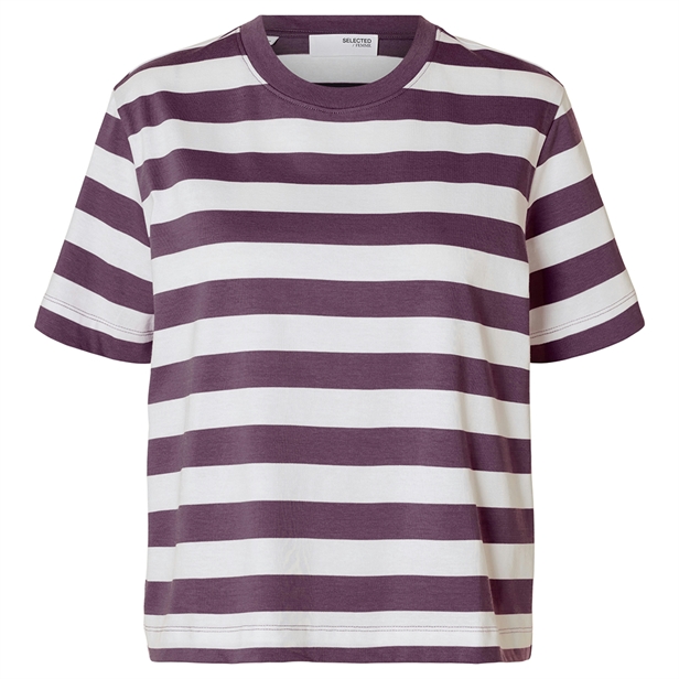 Selected Femme SlfEssential SS Striped Boxy Tee Plum Perfect/Bright White