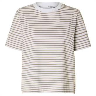 Selected Femme SlfEssential SS Striped Boxy Tee Greige/Bright White