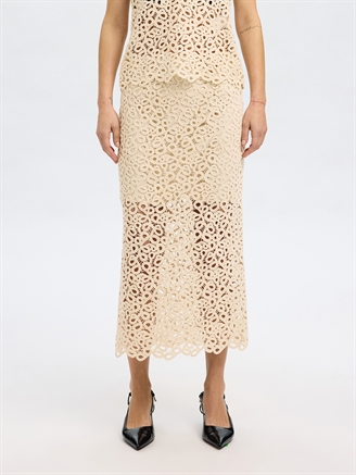 Selected Femme SlfAlima HW Midi Crochet Skirt Sandshell