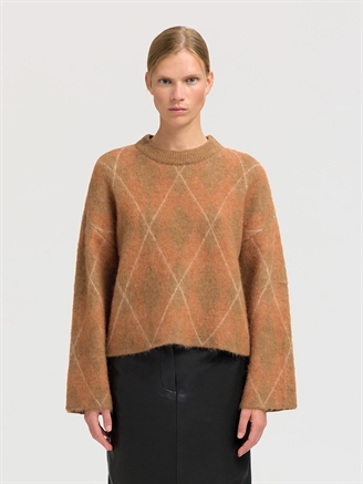 Selected Femme SlfLulu Brushed LS Argyle Knit O-Neck Golden Brown