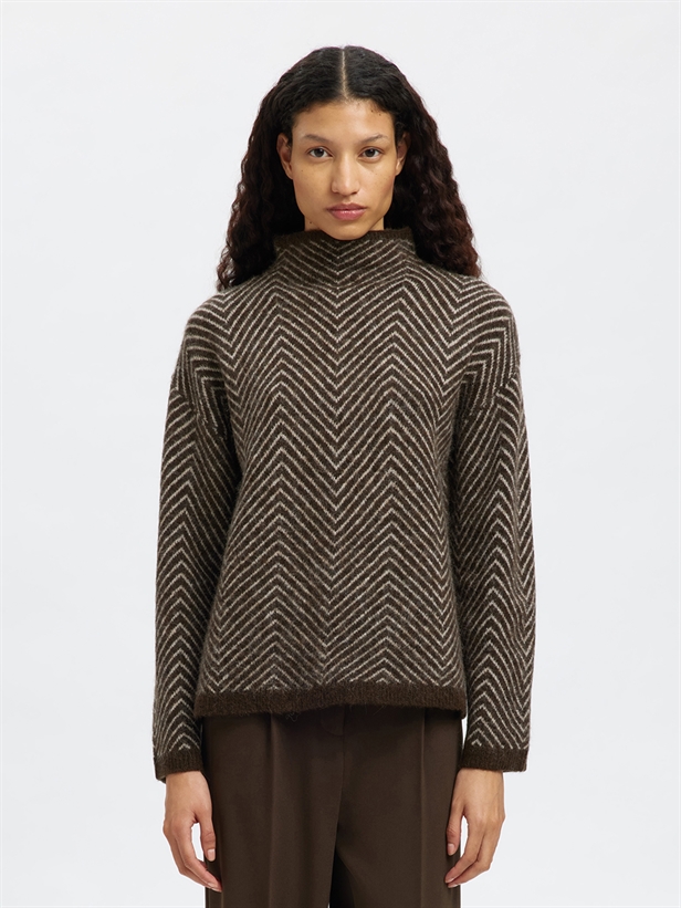 Selected Femme SlfLulu LS Herringbone Knit High Neck Brown