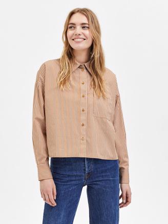 Selected Femme SlfReka LS Striped Cropped Shirt Bright White/Brown Stripes