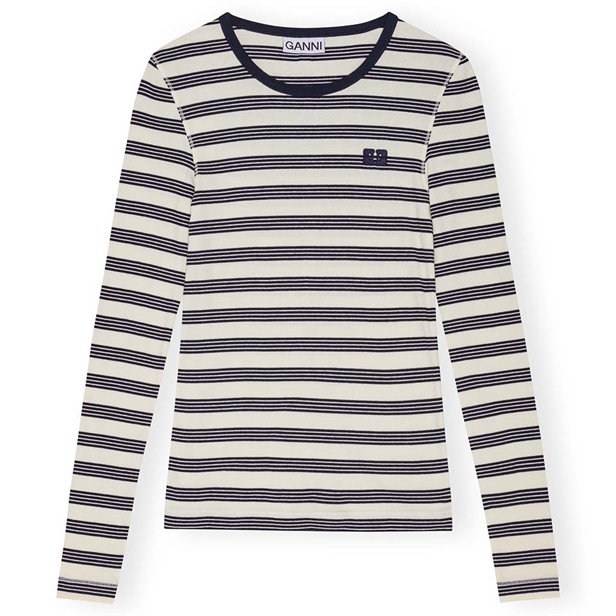 Ganni T4145 Striped Soft Cotton Rib Long Sleeve T-Shirt Sky Captain