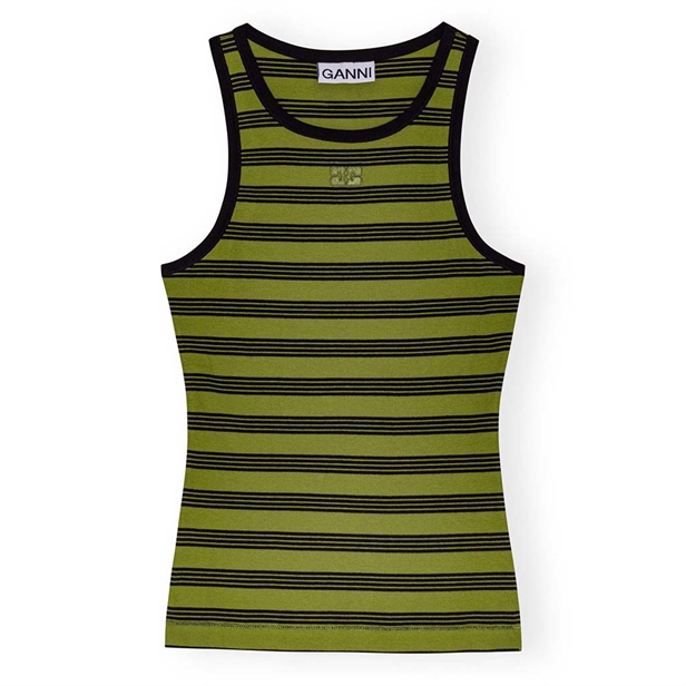 Ganni T4188 Striped Soft Cotton Rib Tank Top Golden Cypress