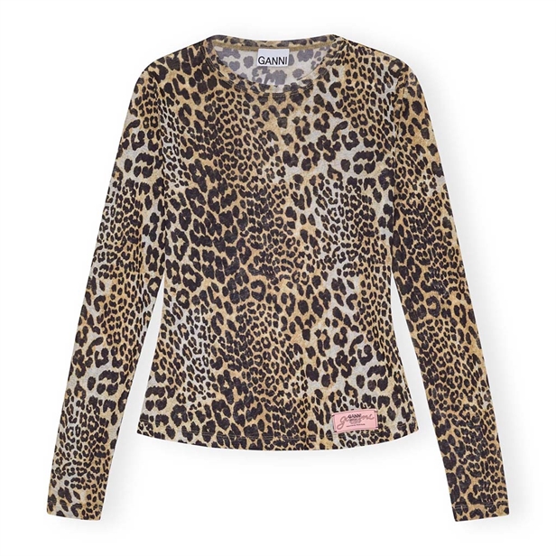 Ganni T4208 Printed Marl Mesh Long Sleeve Top Leopard