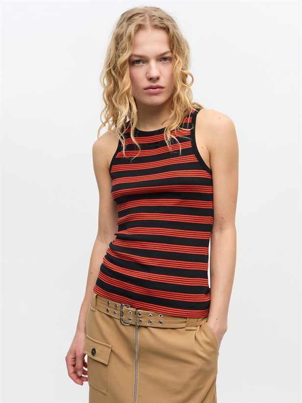 Ganni T4219 Soft Cotton Rib Striped Tank Top Red Alert