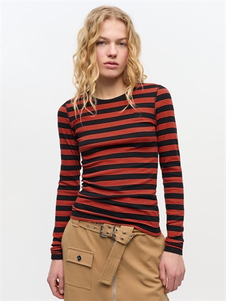 Ganni T4220 Soft Cotton Rib Striped Long Sleeve Red Alert