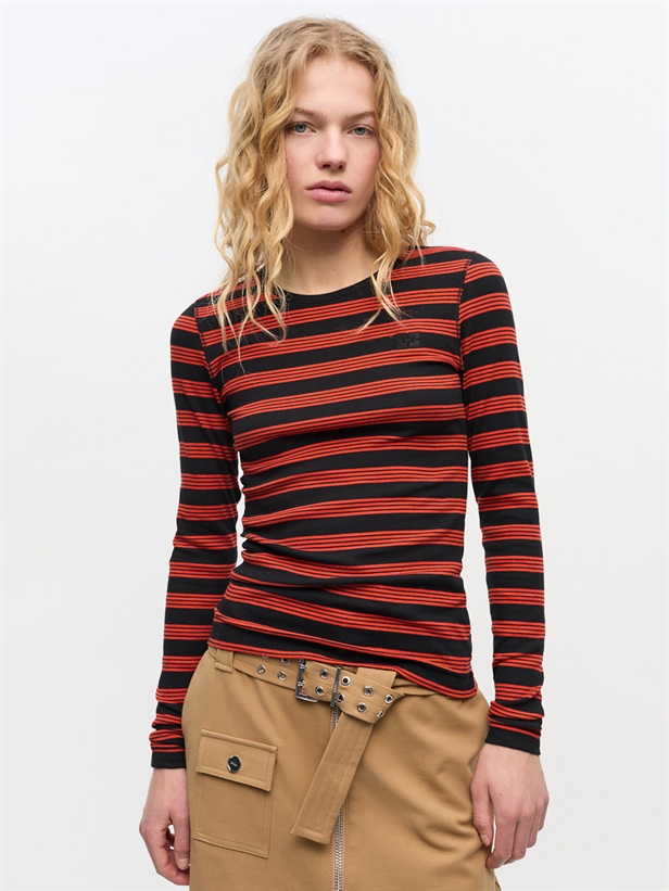 Ganni T4220 Soft Cotton Rib Striped Long Sleeve Red Alert