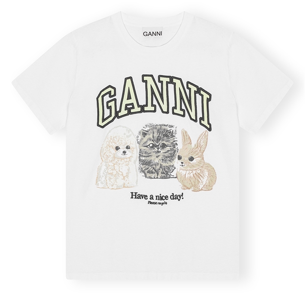 Ganni T4237 Basic Cotton Jersey Animals Relaxed T-shirt Bright White