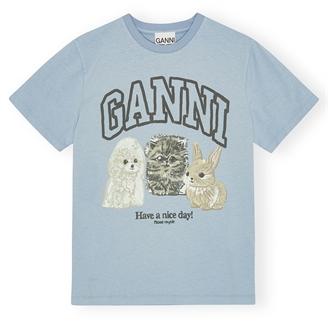 Ganni T4278 Basic Cotton Jersey Animals Relaxed T-shirt Chambray Blue 