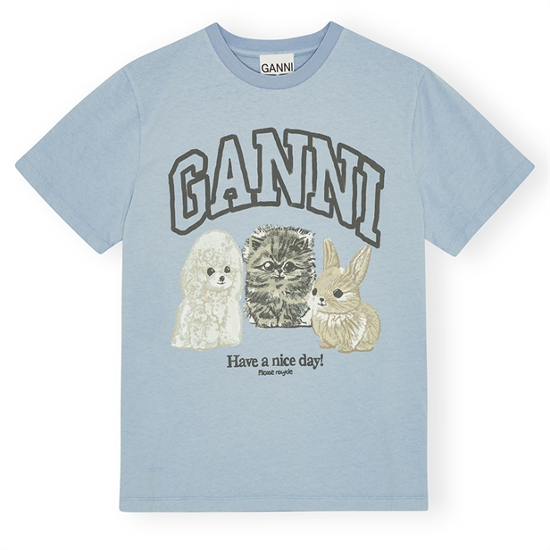 Ganni T4278 Basic Cotton Jersey Animals Relaxed T-shirt Chambray Blue 