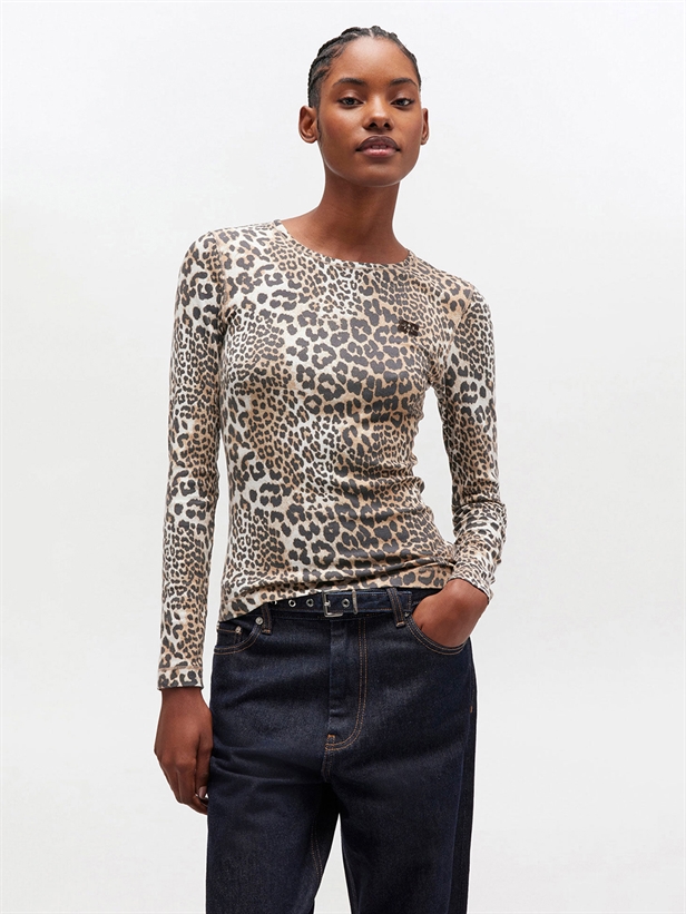 Ganni T4367 Soft Cotton Rib Leo Long Sleeve Leopard