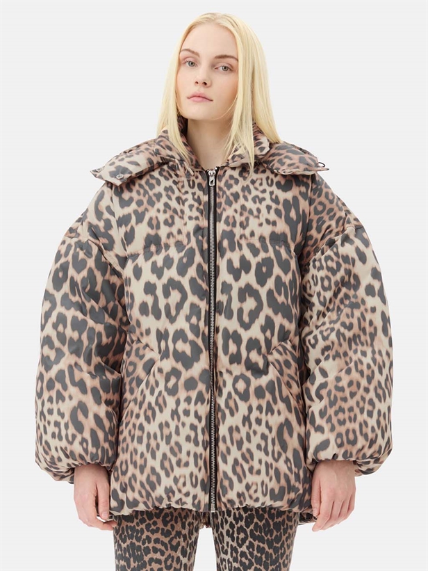 Ganni W0115 Leo Puffers Midi Jacket Leopard