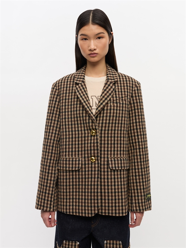 Ganni W0426 Check Wool Mix Oversized Blazer Chicory Coffee
