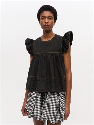 Ganni W0587 Garment Dyed Cotton Frill Sleeve Top Black